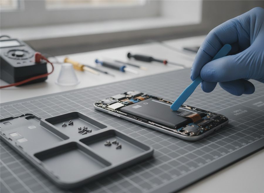 Odprt telefon, iz katerega serviser s plastičnim orodjem dviguje baterijo