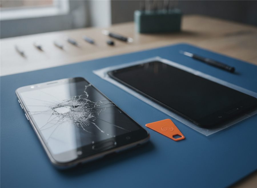 Telefon s počenim steklom ob novem nadomestnem zaslonu na servisni podlogi