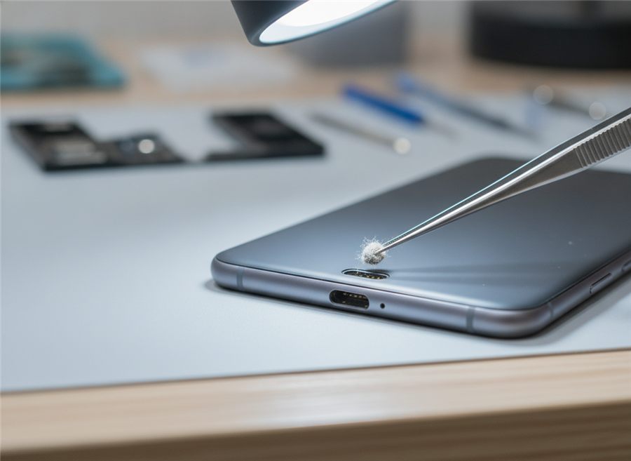 Čiščenje polnilnega vhoda USB-C na telefonu s pinceto pod delovno lučjo